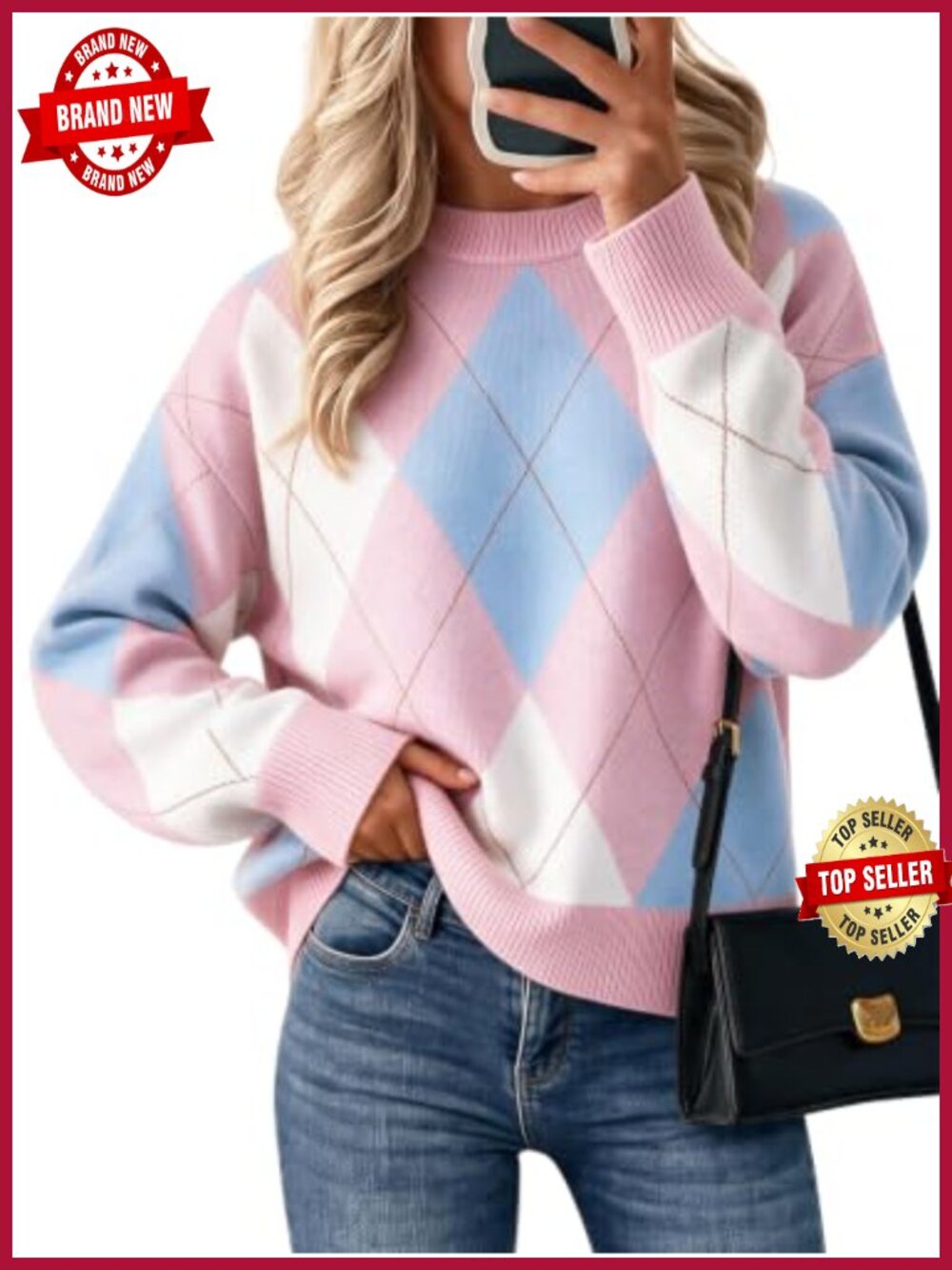 Women's Argyle Plaid Knit Pullover Sweater Crew Neck Long Sleeve